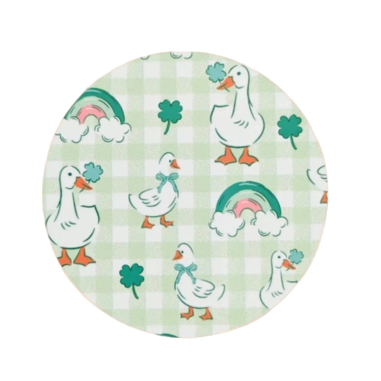 Lucky Duck hard board add-on featuring white ducks, shamrocks, rainbows, and a green gingham background, compatible with interchangeable badge reel bases.