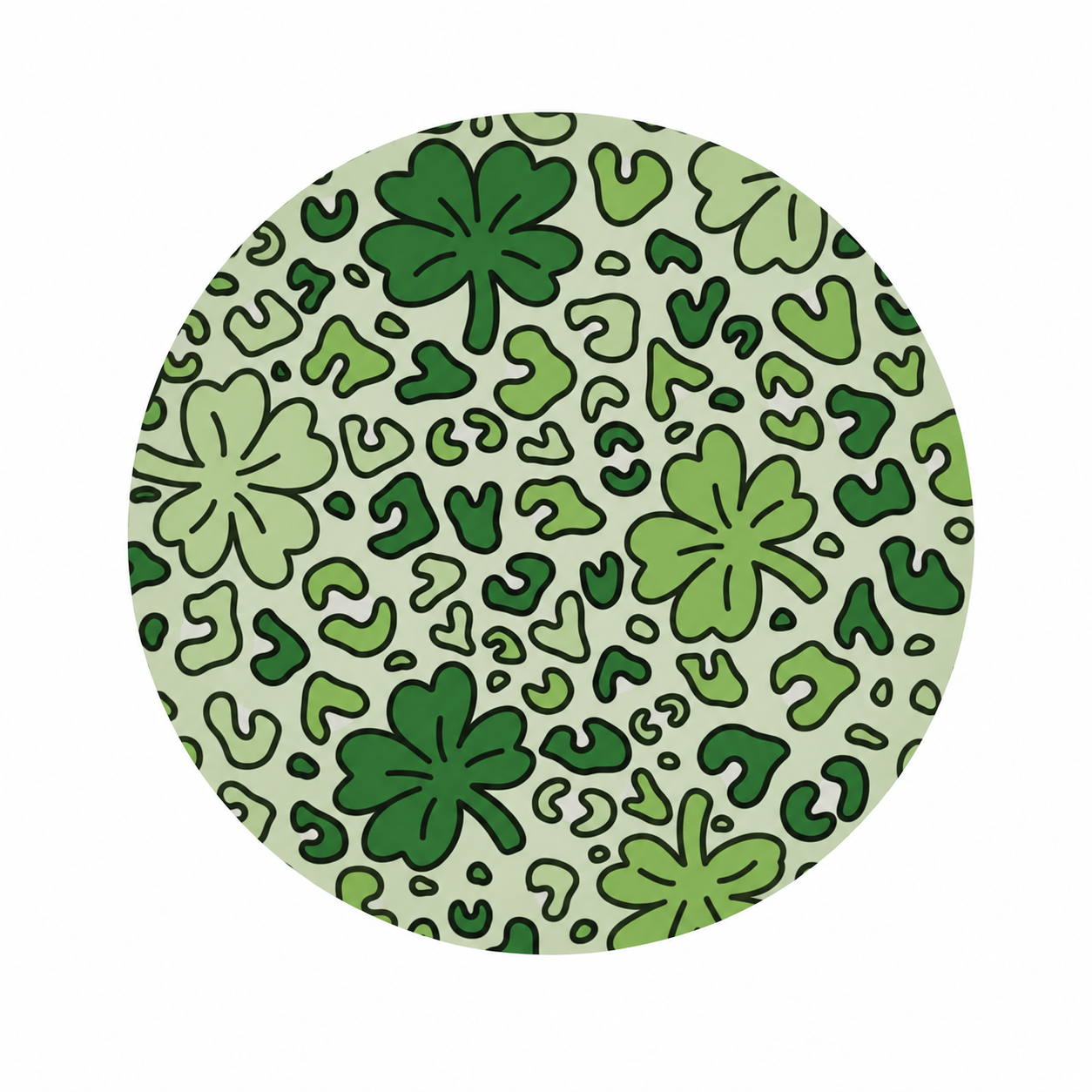 St. Patrick's Day hard board add-on featuring green leopard print with lucky shamrocks, compatible with interchangeable badge reel bases.