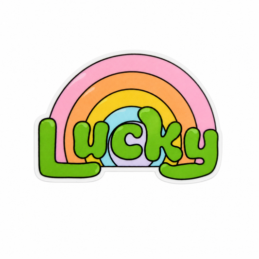 Lucky plastic add-on featuring retro green lettering and a pastel rainbow design, compatible with interchangeable badge reel bases and perfect for positive vibes lovers