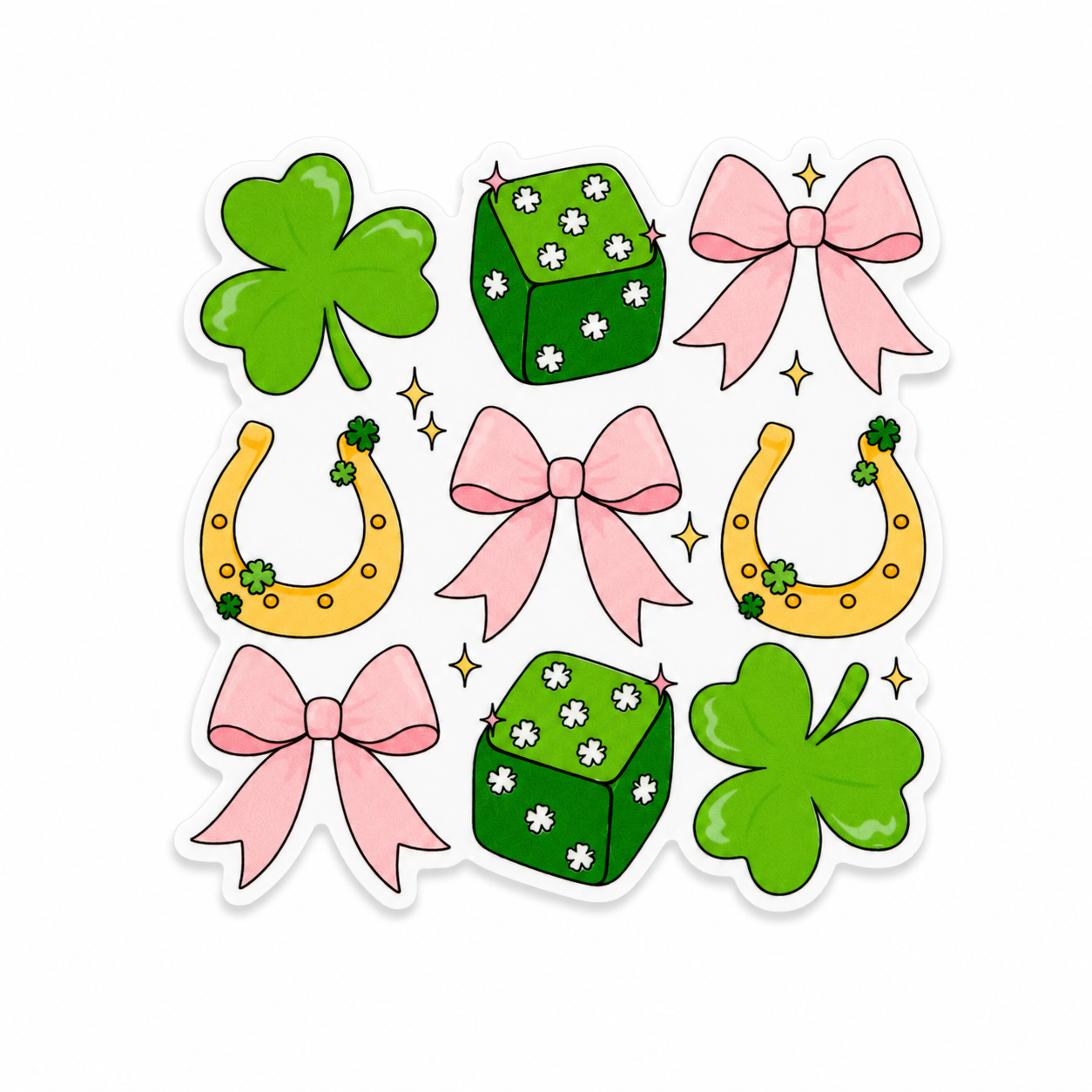 Lucky Shamrock St. Pats plastic add-on featuring green shamrocks, lucky horseshoes, pink bows, and shamrock-patterned dice, compatible with interchangeable badge reel bases.