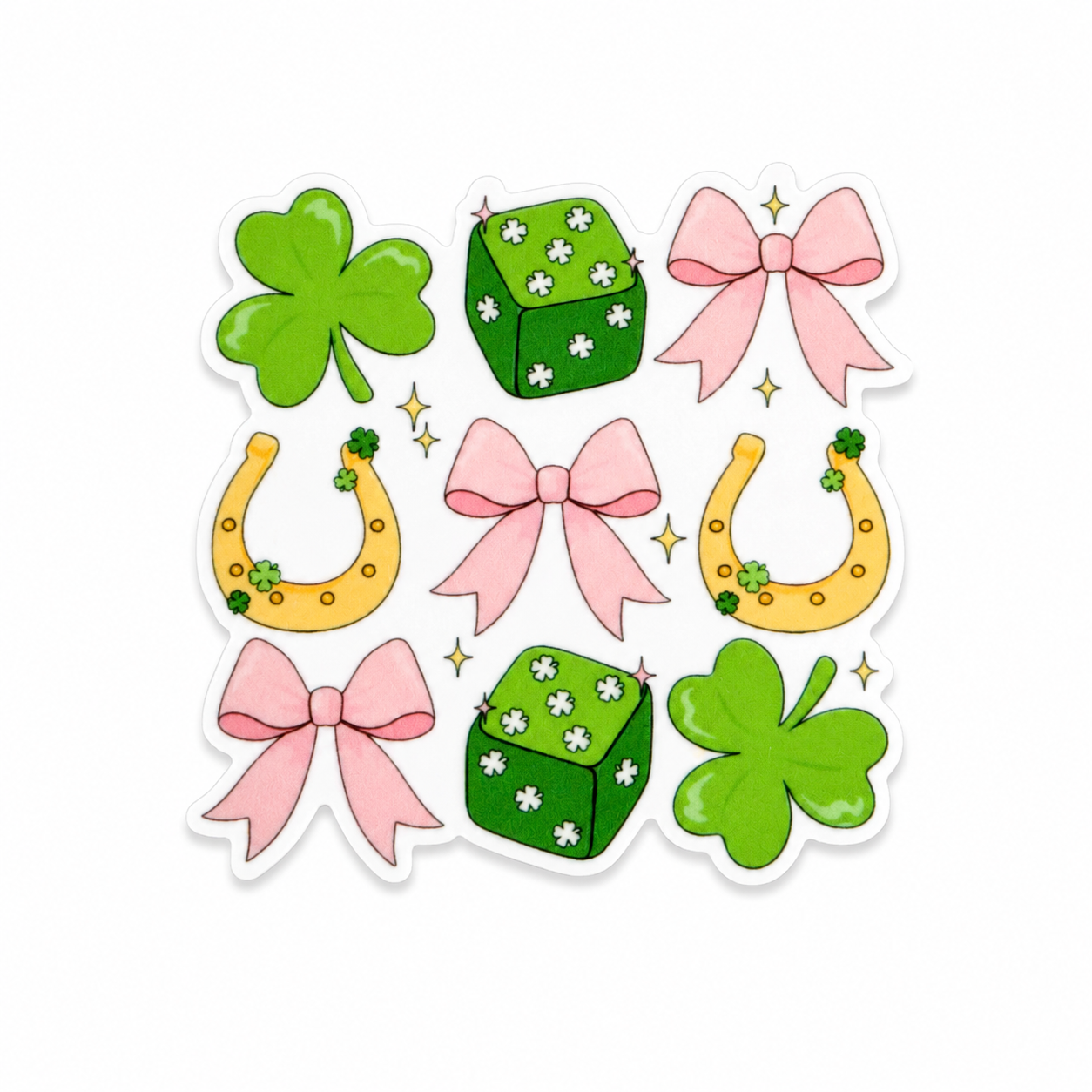 Lucky Shamrock St. Pats plastic add-on featuring green shamrocks, lucky horseshoes, pink bows, and shamrock-patterned dice, compatible with interchangeable badge reel bases.