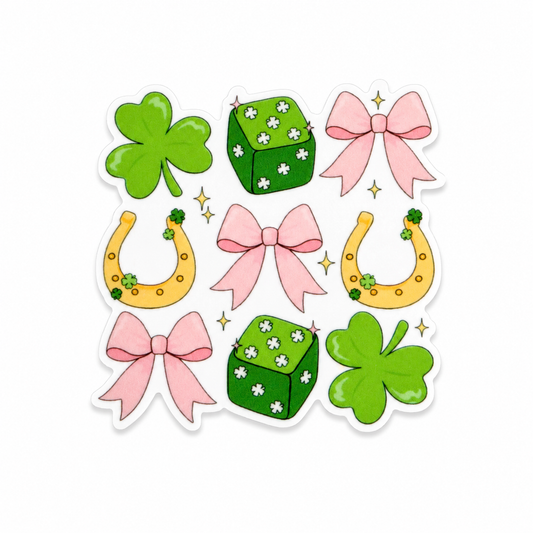 Lucky Shamrock St. Pats plastic add-on featuring green shamrocks, lucky horseshoes, pink bows, and shamrock-patterned dice, compatible with interchangeable badge reel bases.