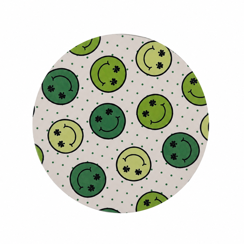 Lucky Smiley Shamrocks hard board add-on featuring smiling green shamrocks on a dotted background, compatible with interchangeable badge reel bases.