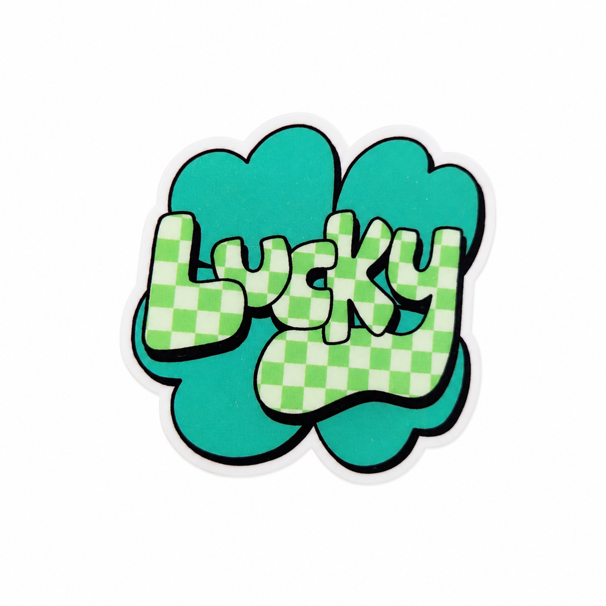 Lucky plastic add-on with green checkered lettering and clover-style background, compatible with interchangeable badge reel bases.