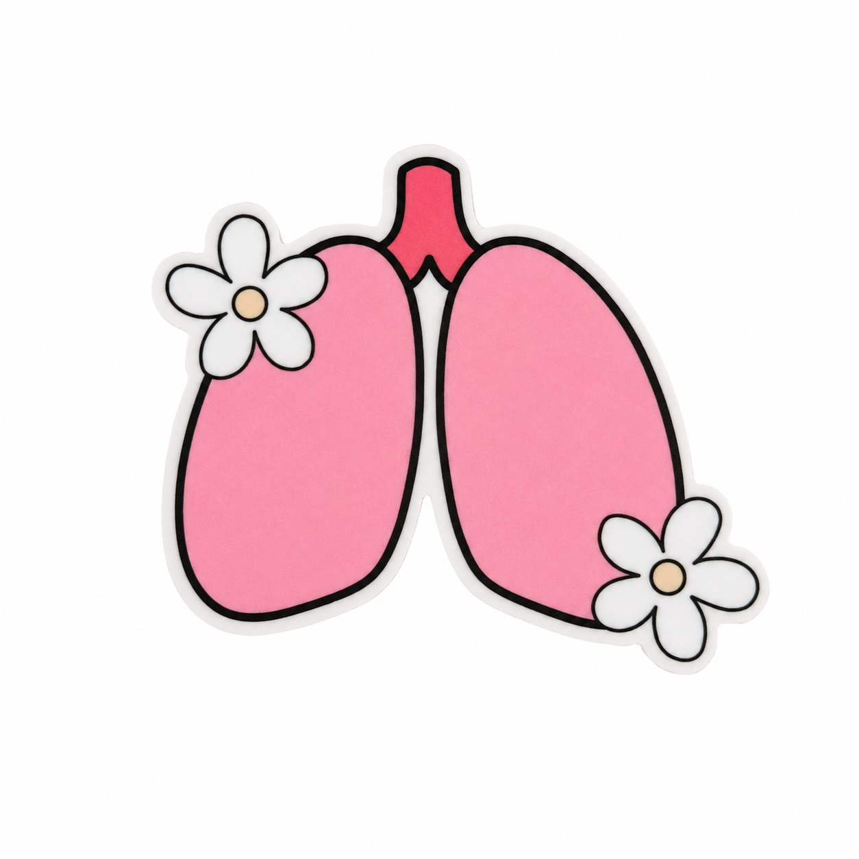Cute floral lungs plastic add-on featuring pink anatomical lungs with white daisy flowers, compatible with interchangeable badge reel bases for respiratory therapists and healthcare professionals.