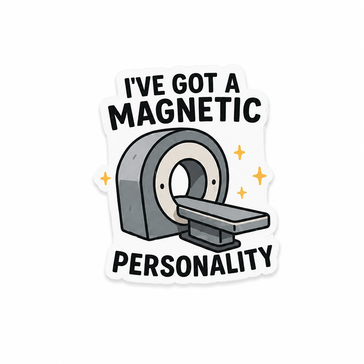 Funny MRI machine plastic add-on with “magnetic personality” design for compatible interchangeable badge reel bases and radiology healthcare accessories.
