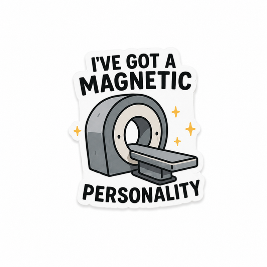 Funny MRI machine plastic add-on with “magnetic personality” design for compatible interchangeable badge reel bases and radiology healthcare accessories.