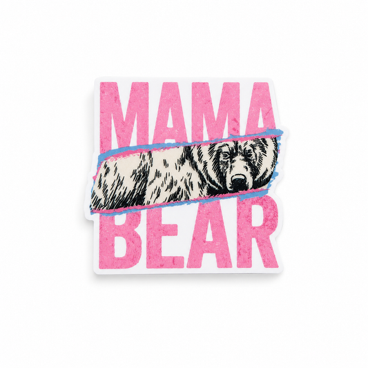 Mama Bear plastic add-on with pink lettering and bear design, compatible with interchangeable badge reel bases