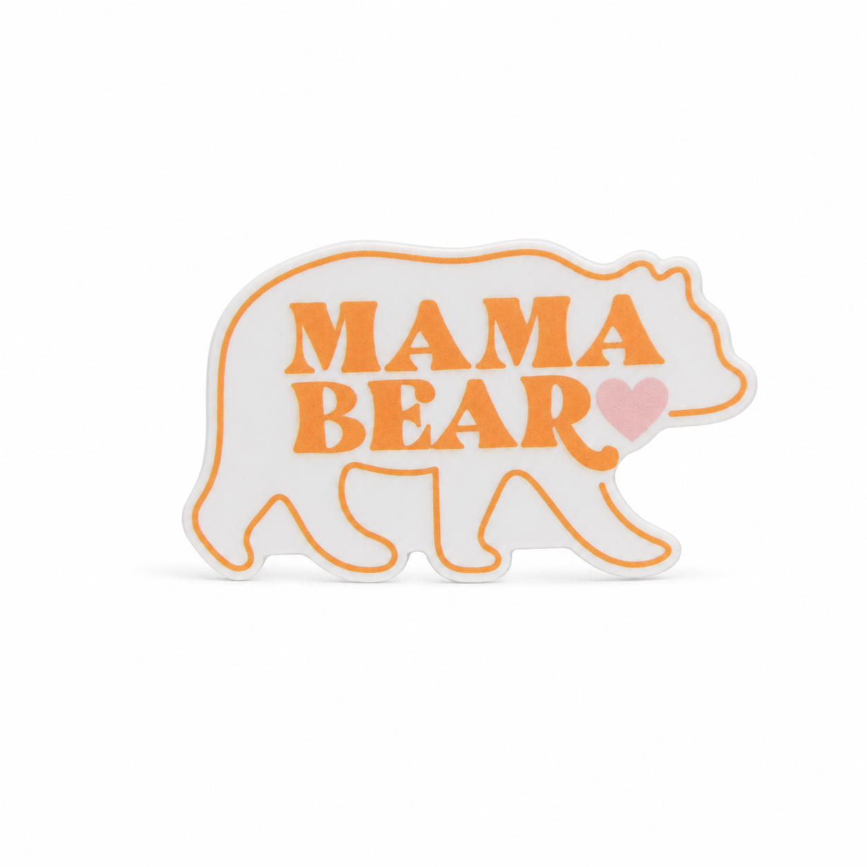 MAMA BEAR plastic add-on with orange bear outline and pink heart, compatible with interchangeable badge reel bases for a cute mom gift.