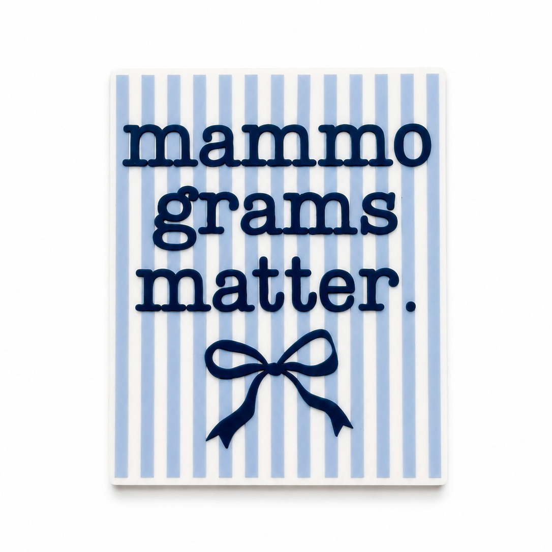 Mammograms Matter. plastic add-on with blue striped background and navy bow, compatible with interchangeable badge reel bases for mammography accessory use.