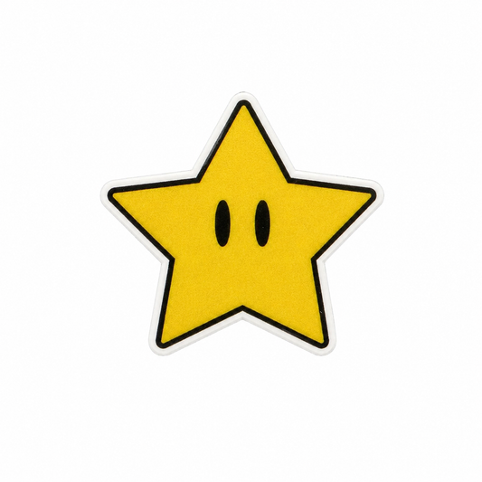 Retro lucky star plastic add-on featuring a yellow star design compatible with interchangeable badge reel bases, cute gamer inspired accessory