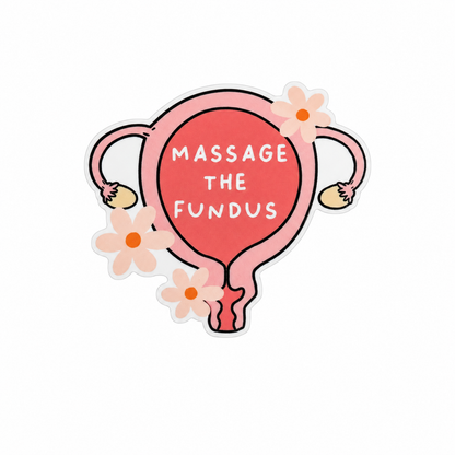 Plastic add-on featuring the text "MASSAGE THE FUNDUS" inside a uterus design with flowers, compatible with interchangeable badge reel bases and perfect for Labor & Delivery nurses.