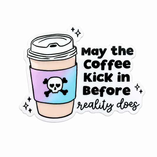 May the coffee kick in before reality does plastic add-on with coffee cup and skull, compatible with interchangeable badge reel bases.