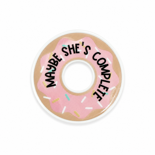 Maybe She’s Complete plastic add-on with pink frosted donut design, compatible with interchangeable badge reel bases.