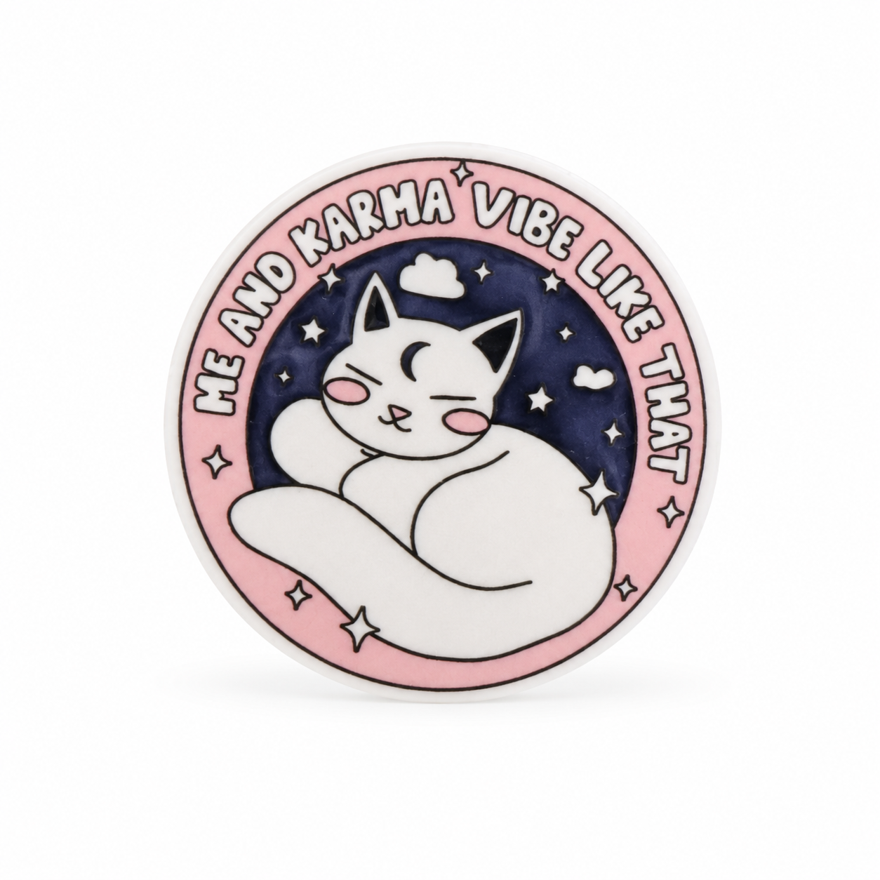 ME AND KARMA VIBE LIKE THAT plastic add-on with a curled white cat and starry night design, compatible with interchangeable badge reel bases.