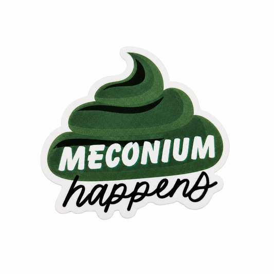 MECONIUM happens plastic add-on with green poop-inspired design, compatible with interchangeable badge reel bases, perfect labor delivery nurse accessory.