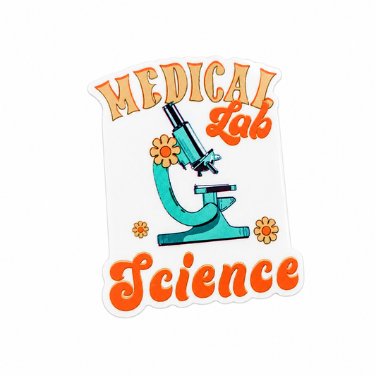 MEDICAL Lab Science plastic add-on with teal microscope, orange lettering, and flower details, compatible with interchangeable badge reel bases.