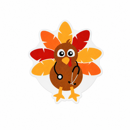 Medical turkey plastic add-on featuring a turkey with a stethoscope and colorful fall feathers, compatible with interchangeable badge reel bases, perfect for healthcare workers and Thanksgiving season.