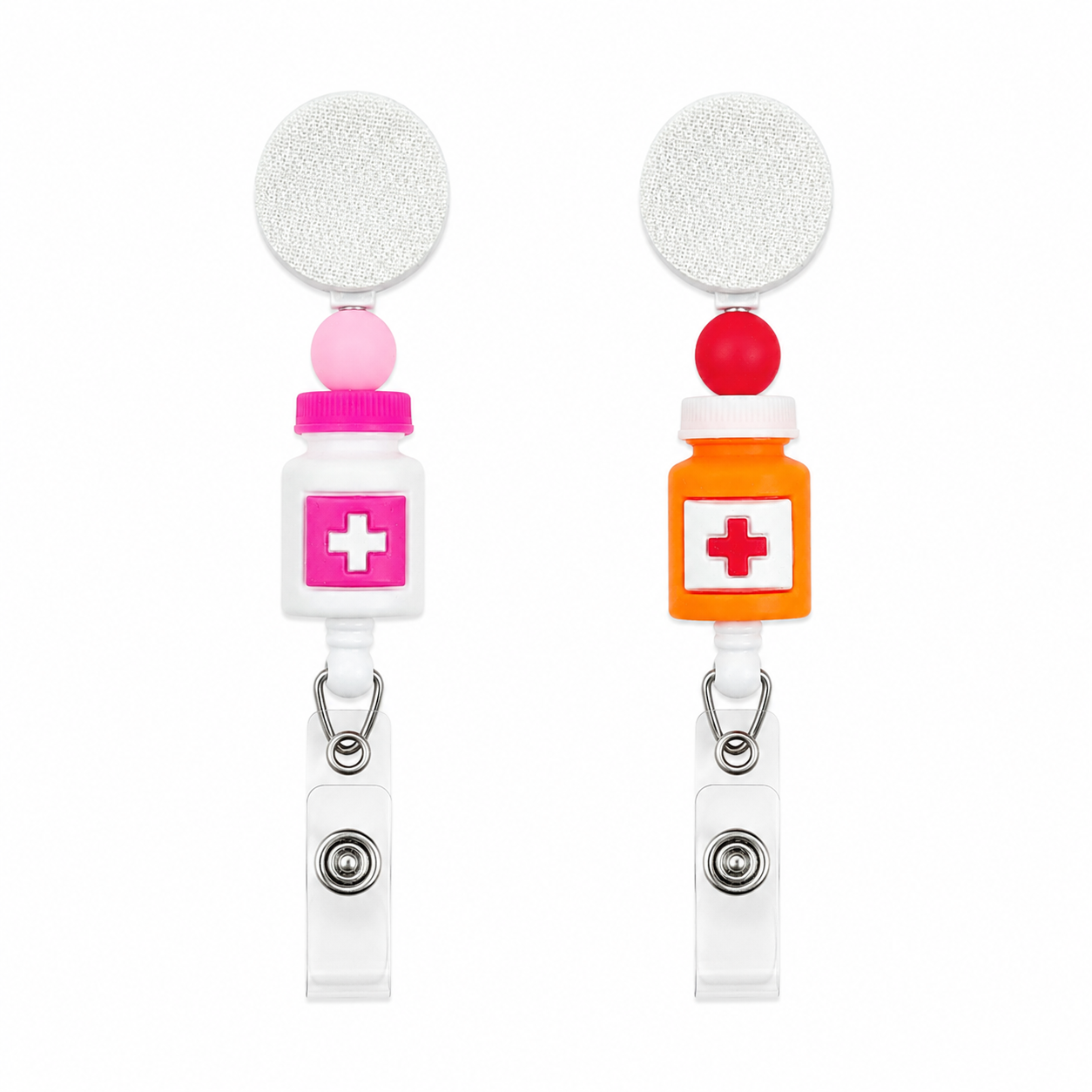 Medicine bottle badge reel with white retractable badge reel, orange or pink prescription bottle topper, coordinating silicone bead, interchangeable healthcare work badge accessory.