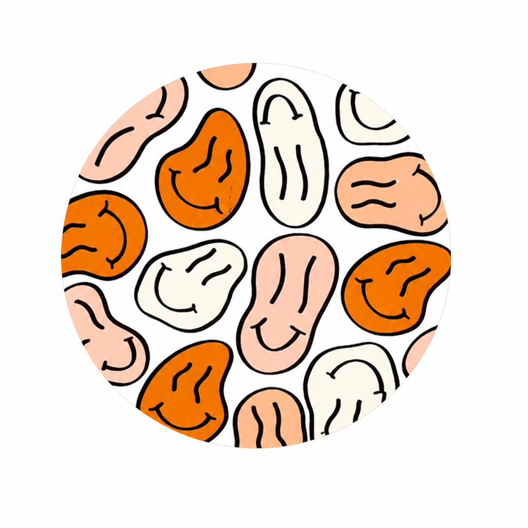 Melty Smile hard board add-on with orange, peach, and cream abstract smiling faces, compatible with interchangeable badge reel bases for retro style lovers.