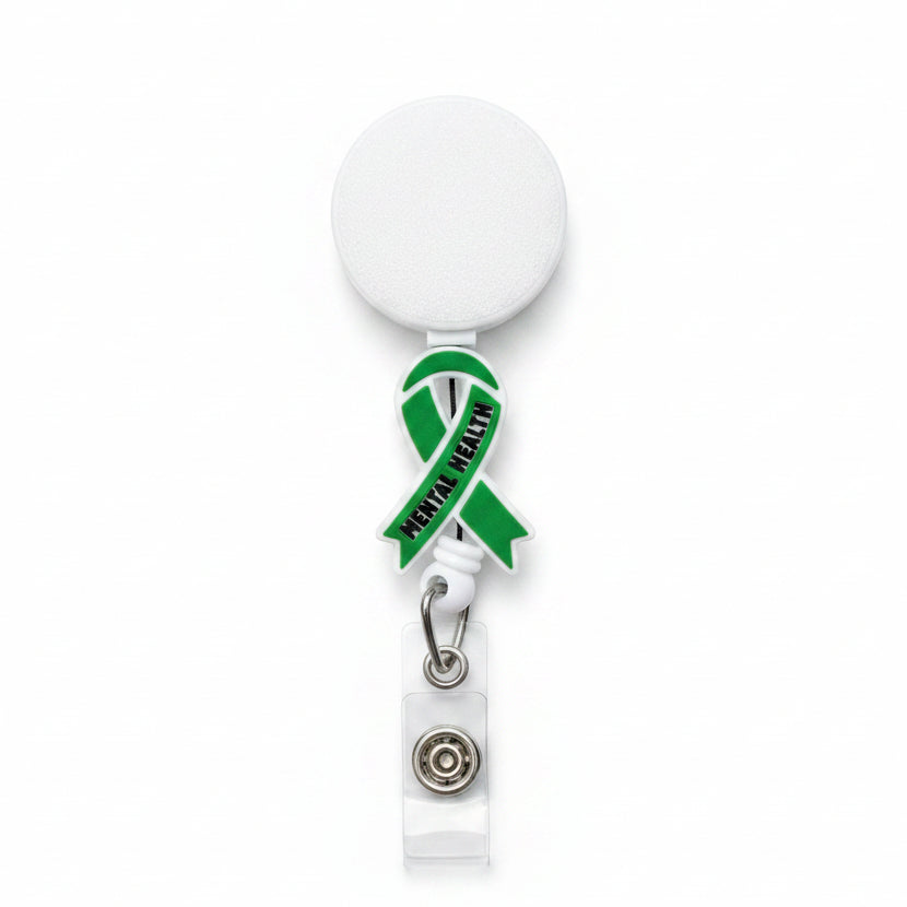 Mental Health Awareness badge reel featuring a green ribbon with Mental Health text, white retractable reel, and clear badge holder attachment.