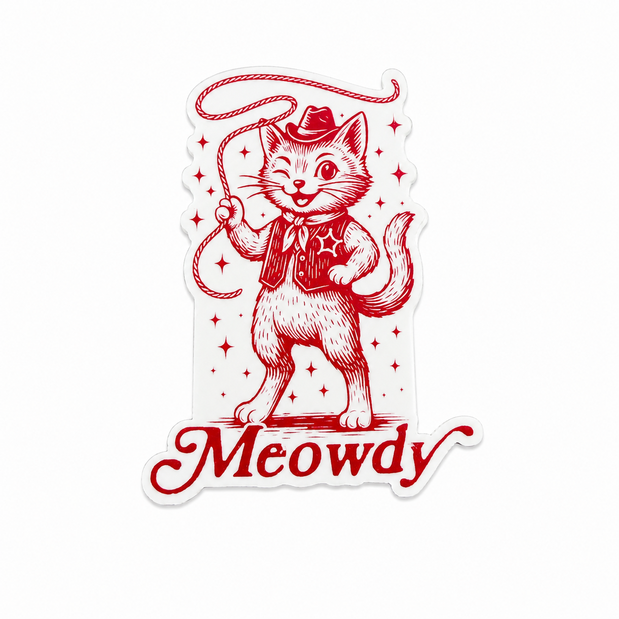 Meowdy plastic add-on featuring a winking cowboy cat with a hat, bandana, and lasso, compatible with interchangeable badge reel bases, cute western cat lover accessory