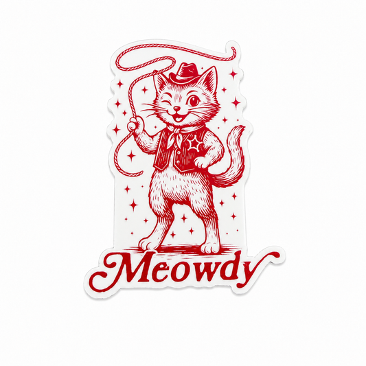 Meowdy plastic add-on featuring a winking cowboy cat with a hat, bandana, and lasso, compatible with interchangeable badge reel bases, cute western cat lover accessory