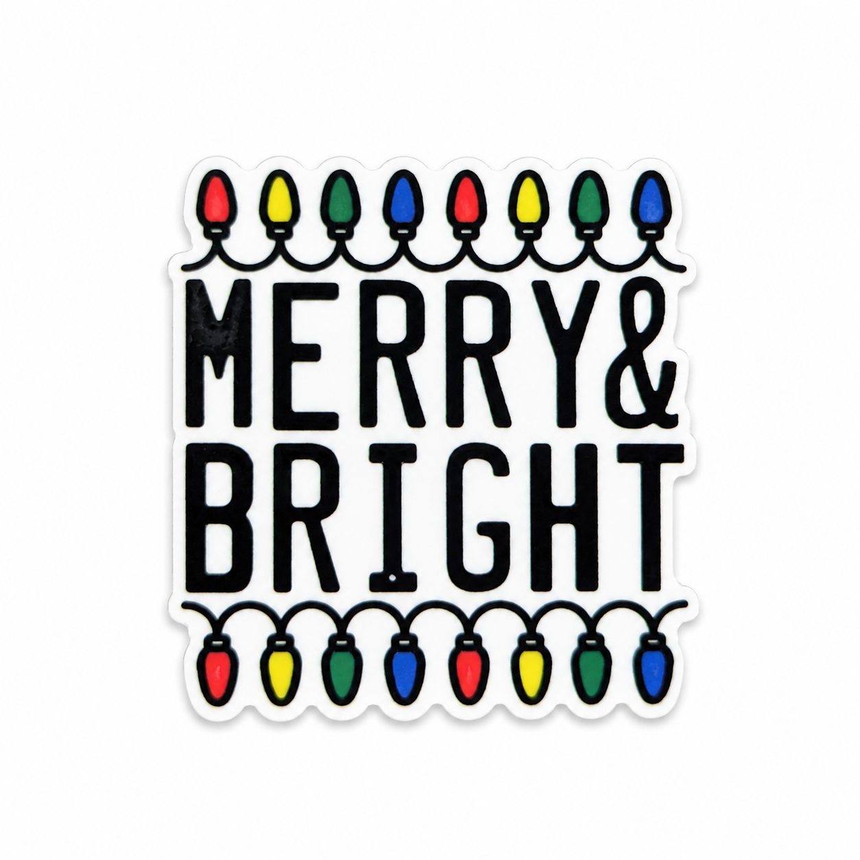 MERRY & BRIGHT plastic add-on featuring colorful Christmas lights, compatible with interchangeable badge reel bases and perfect for festive holiday accessories.