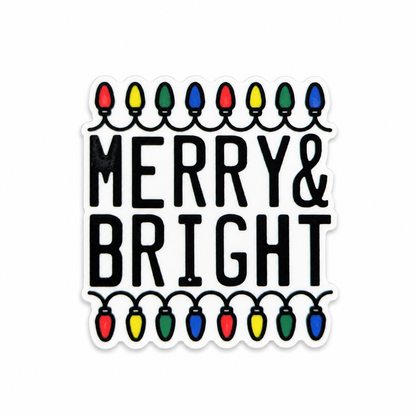MERRY & BRIGHT plastic add-on featuring colorful Christmas lights, compatible with interchangeable badge reel bases and perfect for festive holiday accessories.