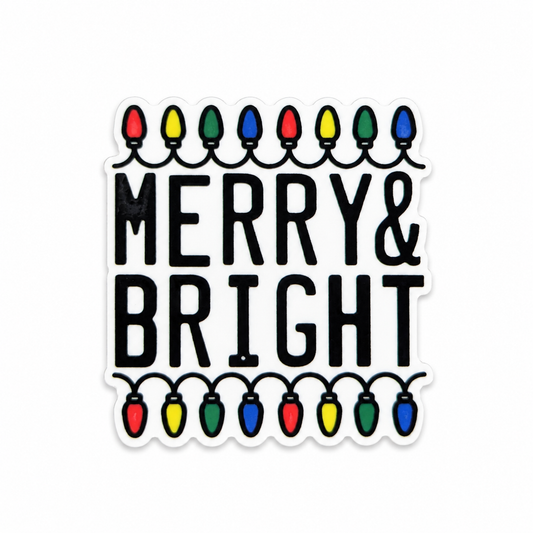 MERRY & BRIGHT plastic add-on featuring colorful Christmas lights, compatible with interchangeable badge reel bases and perfect for festive holiday accessories.