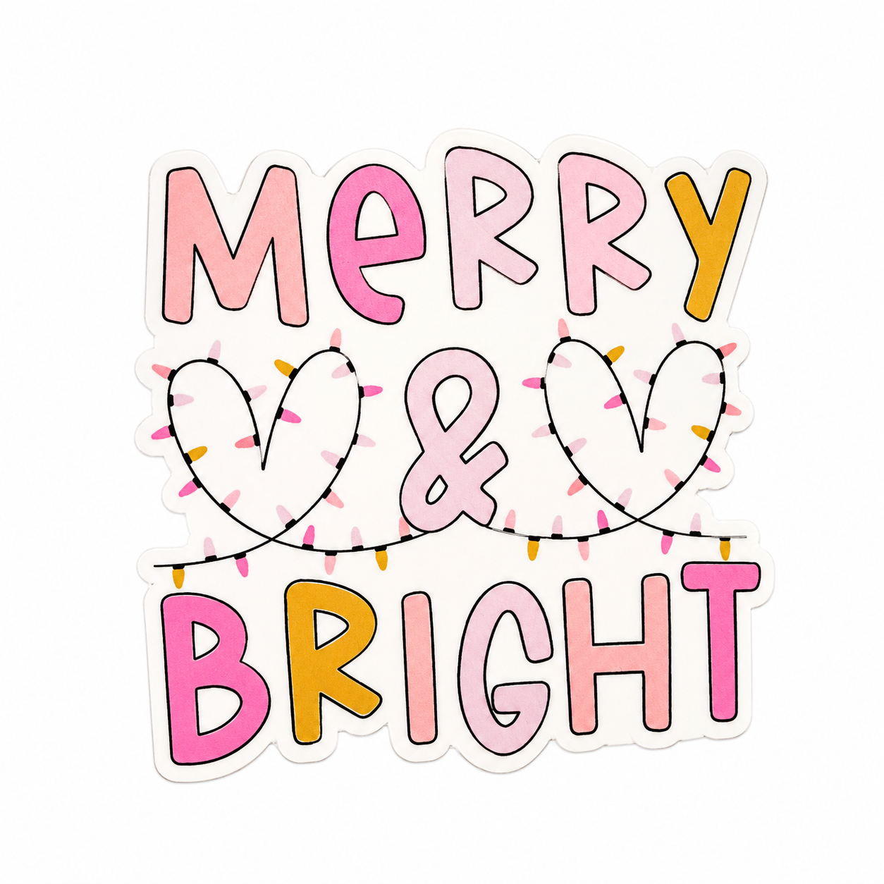 MERRY & BRIGHT plastic add-on featuring pastel lettering and heart-shaped Christmas lights, compatible with interchangeable badge reel bases.