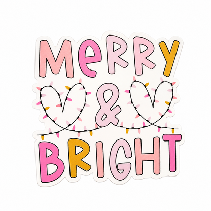 MERRY & BRIGHT plastic add-on featuring pastel lettering and heart-shaped Christmas lights, compatible with interchangeable badge reel bases.
