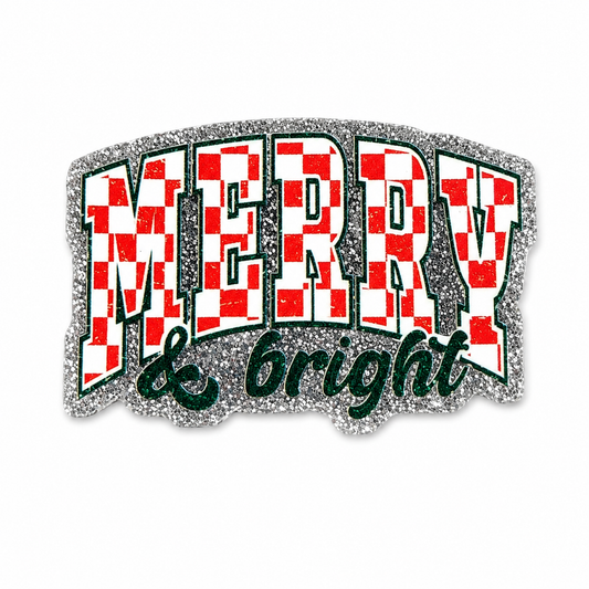 MERRY & bright plastic add-on featuring red and white checkerboard lettering with silver glitter accents, compatible with interchangeable badge reel bases and perfect for Christmas accessories.