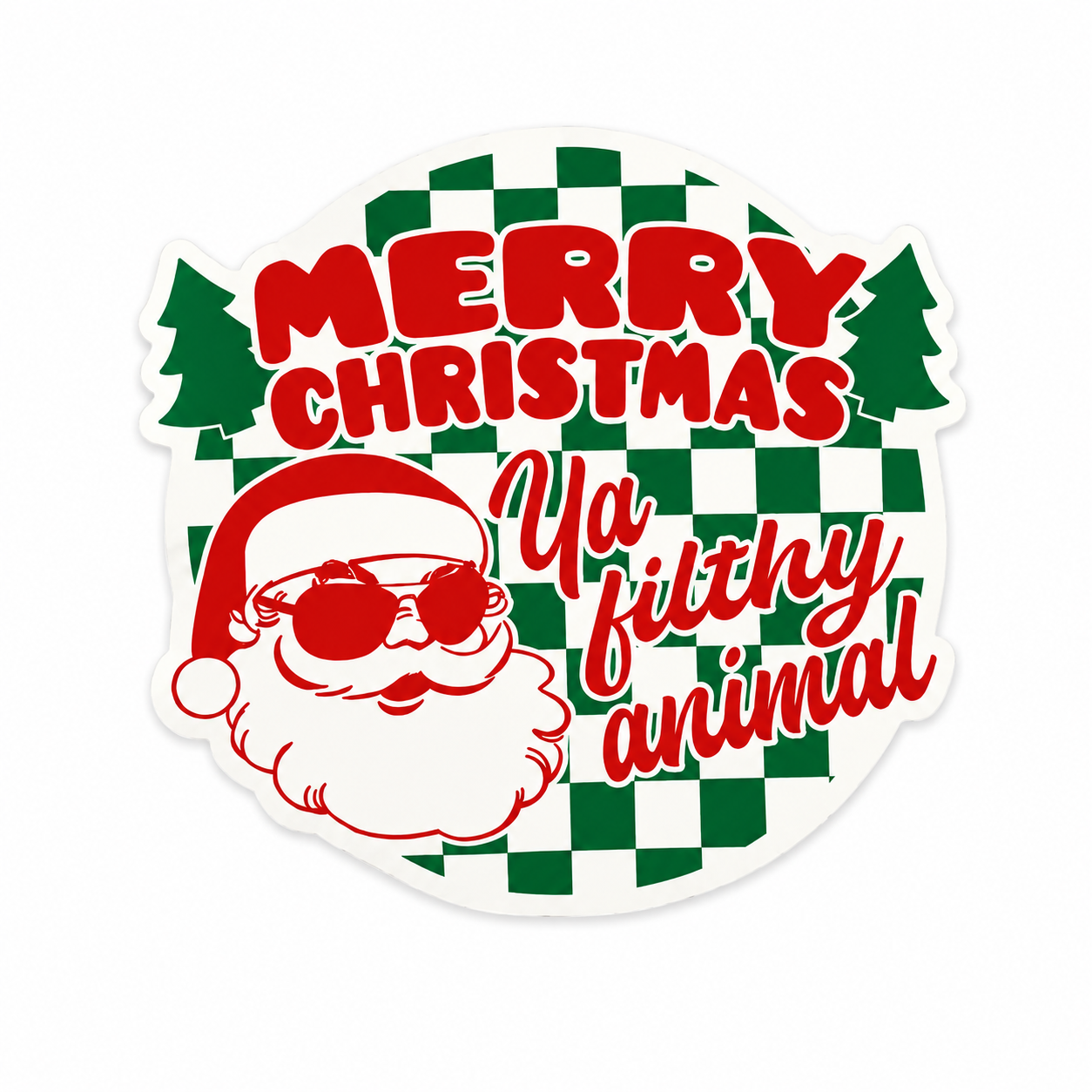 Merry Christmas Ya filthy animal plastic add-on with Santa sunglasses, Christmas trees, and green checker pattern, compatible with interchangeable badge reel bases.
