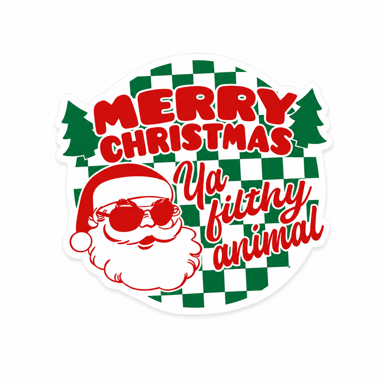 Merry Christmas Ya filthy animal plastic add-on with Santa sunglasses, Christmas trees, and green checker pattern, compatible with interchangeable badge reel bases.
