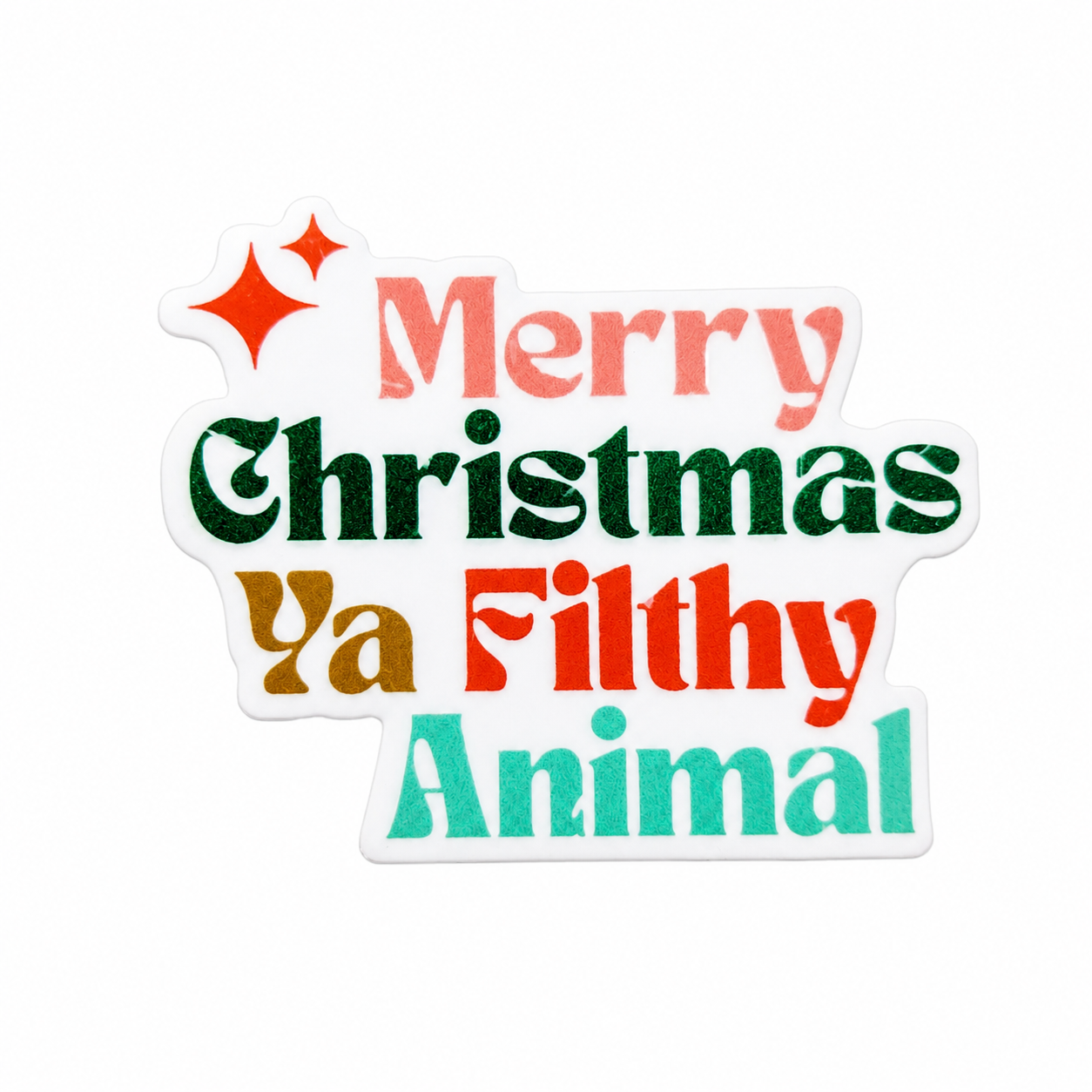 Merry Christmas Ya Filthy Animal plastic add-on with bold festive lettering, compatible with interchangeable badge reel bases, funny Christmas work accessory.