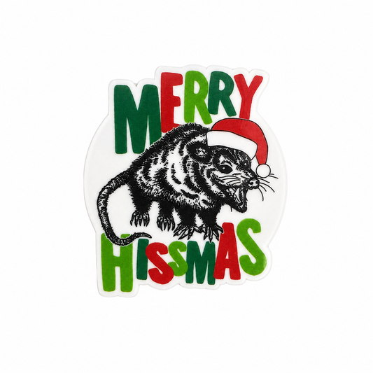 Plastic add-on featuring a hissing opossum wearing a Santa hat with the phrase MERRY HISSMAS, compatible with interchangeable badge reel bases and perfect for animal lovers.