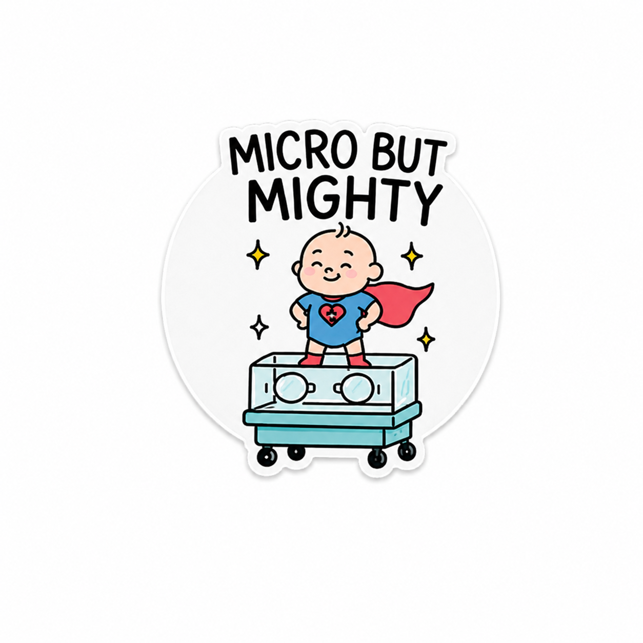 Cute Micro But Mighty NICU themed plastic add-on with superhero baby and incubator compatible with interchangeable badge reel bases for neonatal nurses and healthcare workers.