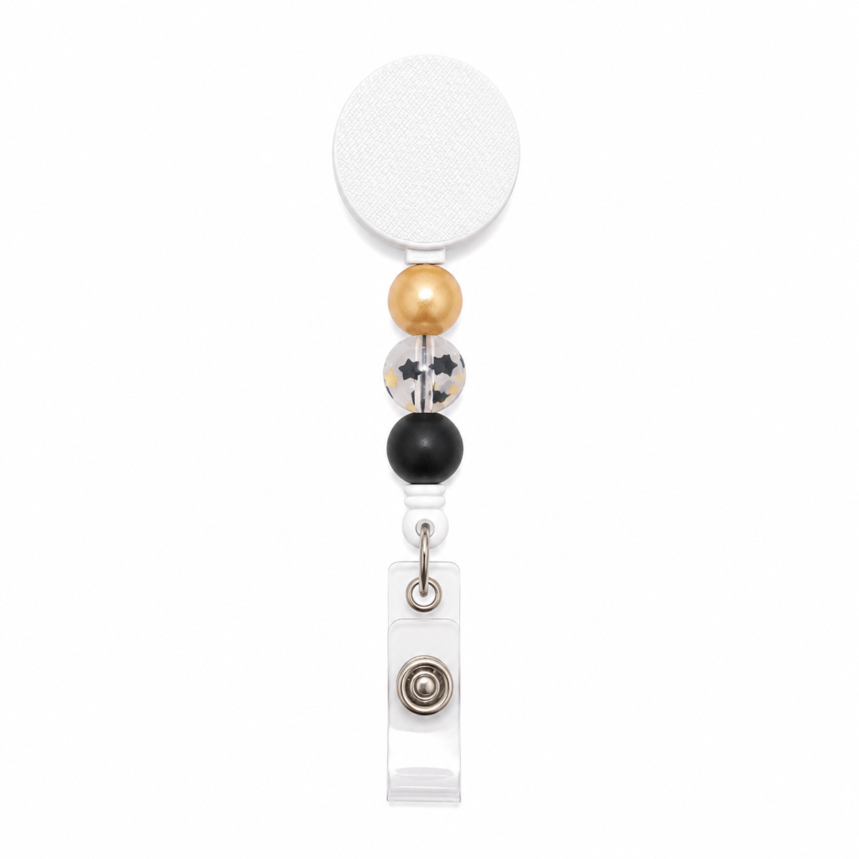 Black and gold interchangeable badge reel with metallic gold, clear accent, and black silicone beads on a white retractable beaded badge reel.
