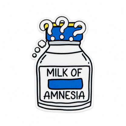 Milk of Amnesia plastic add-on featuring a medication bottle design, compatible with interchangeable badge reel bases, funny anesthesia provider accessory for healthcare workers.