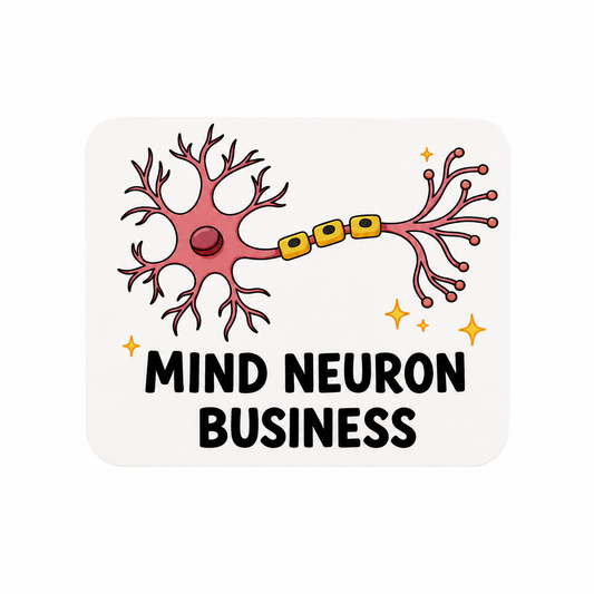 Funny neuron plastic add-on for compatible interchangeable badge reel bases featuring “Mind Neuron Business” brain humor design
