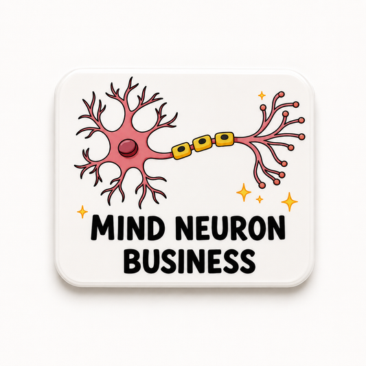 Funny neuron plastic add-on for compatible interchangeable badge reel bases featuring “Mind Neuron Business” brain humor design