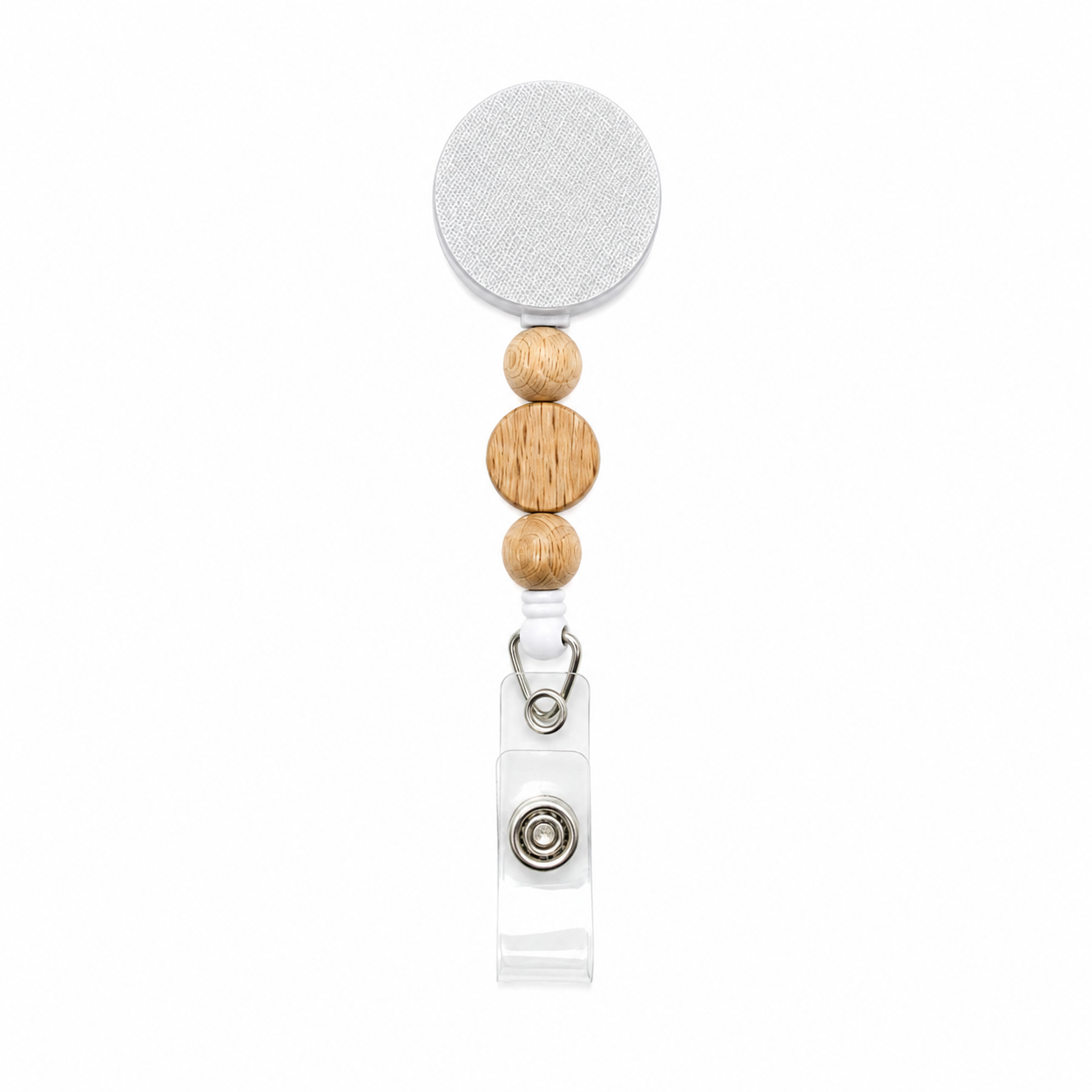 Modern Oak badge reel featuring three natural wood decorative beads on a white retractable badge reel. Minimalist beaded work badge accessory with a natural wood design.