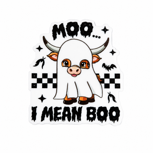 MOO I MEAN BOO plastic add-on featuring a cow dressed as a ghost with bats and checkerboard accents, compatible with interchangeable badge reel bases