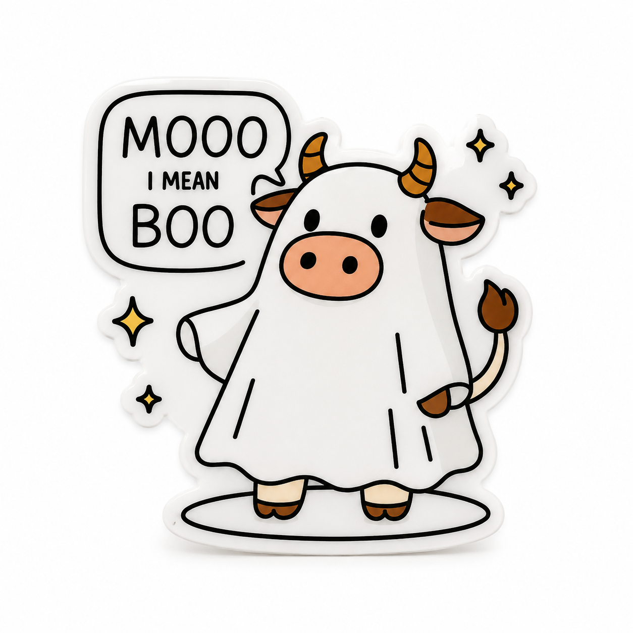 MOOO I MEAN BOO plastic add-on with cute cow dressed as a ghost, compatible with interchangeable badge reel bases for cow lover gifts.