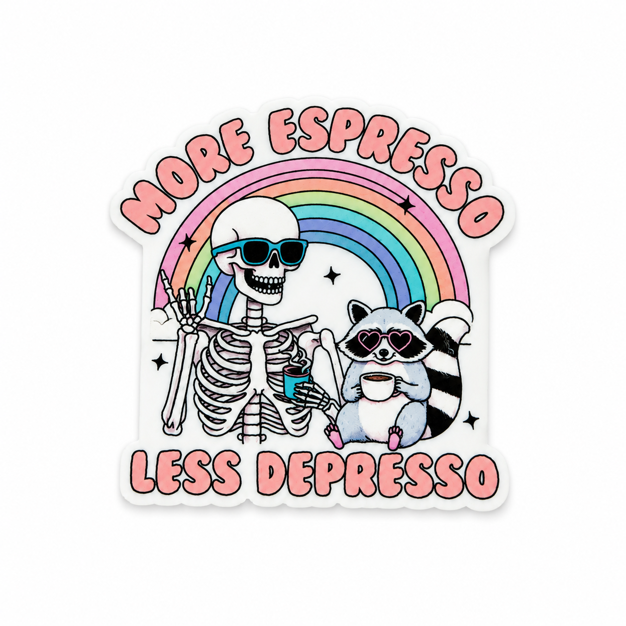 MORE ESPRESSO LESS DEPRESSO plastic add-on featuring a skeleton wearing sunglasses, raccoon holding coffee, and pastel rainbow, compatible with interchangeable badge reel bases