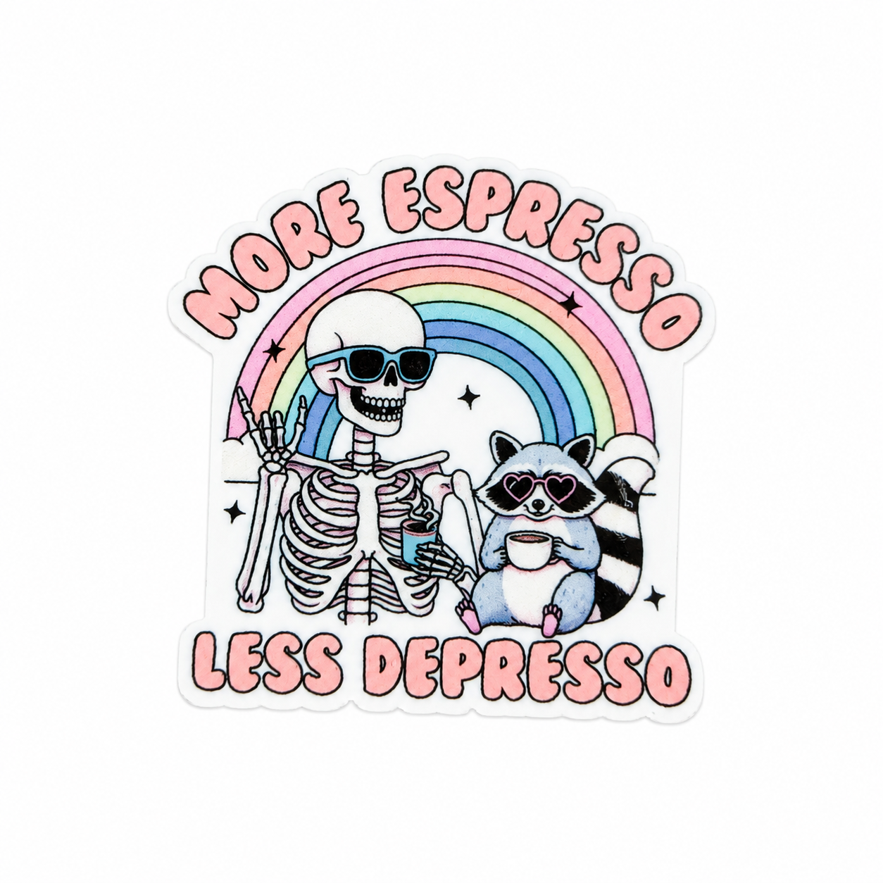 MORE ESPRESSO LESS DEPRESSO plastic add-on featuring a skeleton wearing sunglasses, raccoon holding coffee, and pastel rainbow, compatible with interchangeable badge reel bases