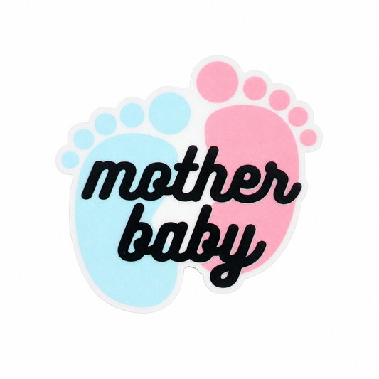 Mother Baby plastic add-on featuring pink and blue baby footprints, compatible with interchangeable badge reel bases, Labor and Delivery nurse accessory