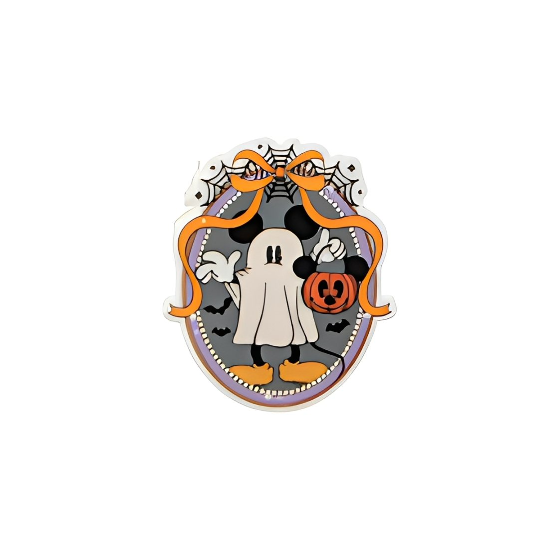 Ghost pumpkin Halloween plastic add-on with spooky cute vintage-inspired character design compatible with interchangeable badge reel bases