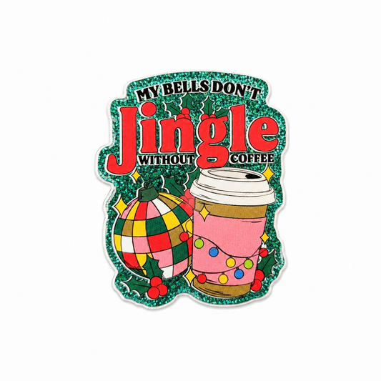 Plastic add-on featuring the phrase "My Bells Don't Jingle Without Coffee" with a festive coffee cup, holiday lights, ornament, and Christmas-themed design, compatible with interchangeable badge reel bases.